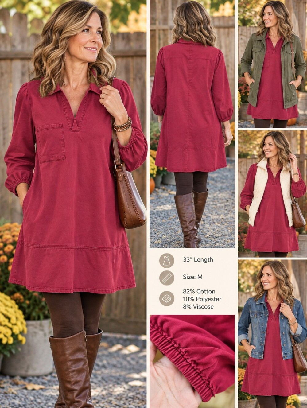 Dokotoo Women’s Burgundy Cotton Blend Tiered Tunic Dress Size M 3/4 Sleeve